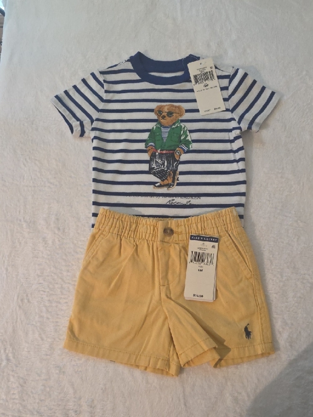 Ralph Lauren Navy & White Striped Bear Tee with Yellow Shorts